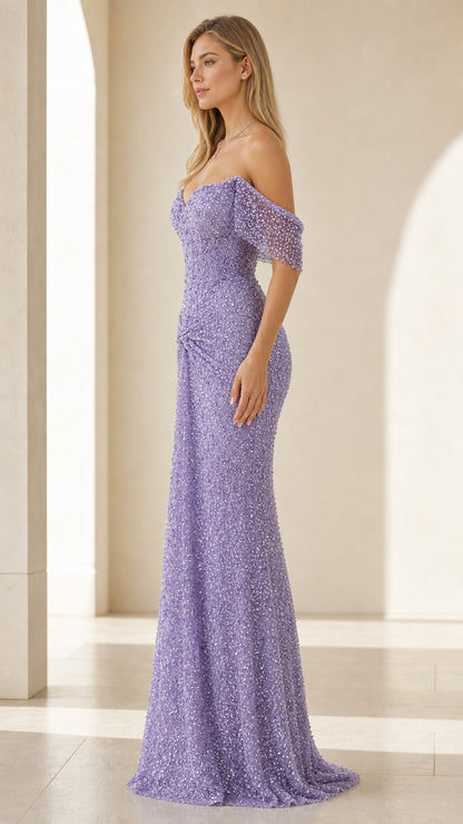 Side profile of lavender off-shoulder sequin evening gown