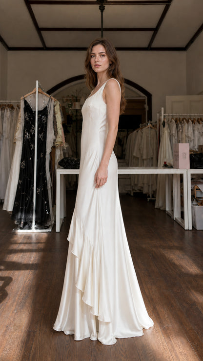 Model showcasing side profile of Ivory satin maxi dress