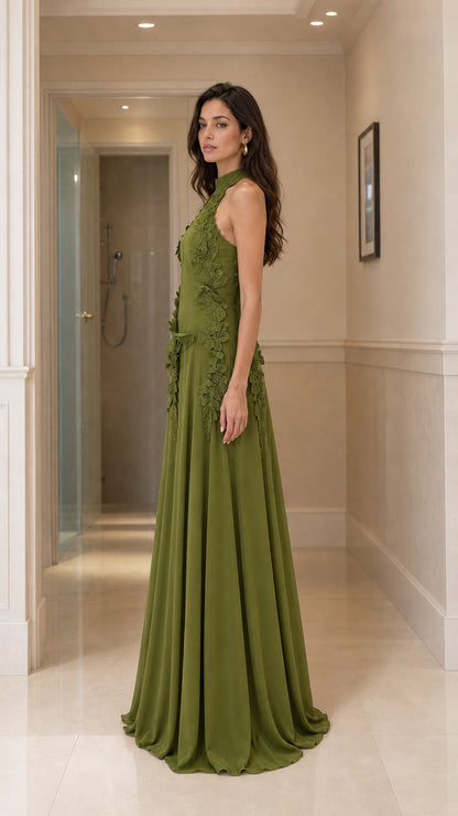 Side profile of olive green evening gown
