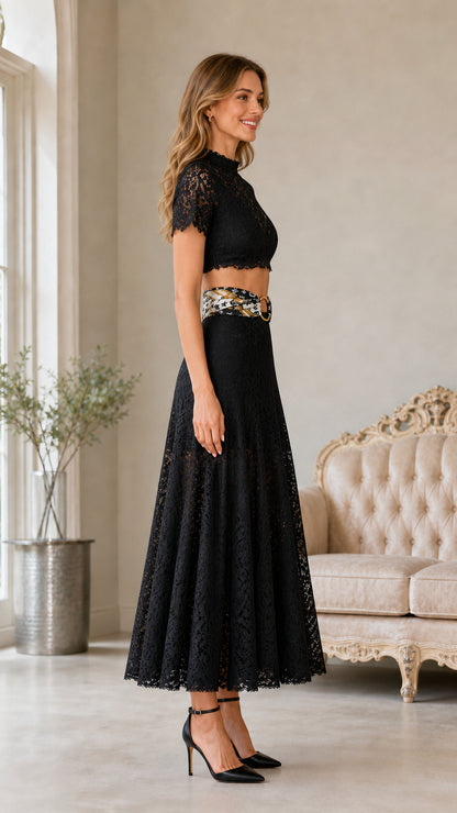 Side view of black lace two-piece set