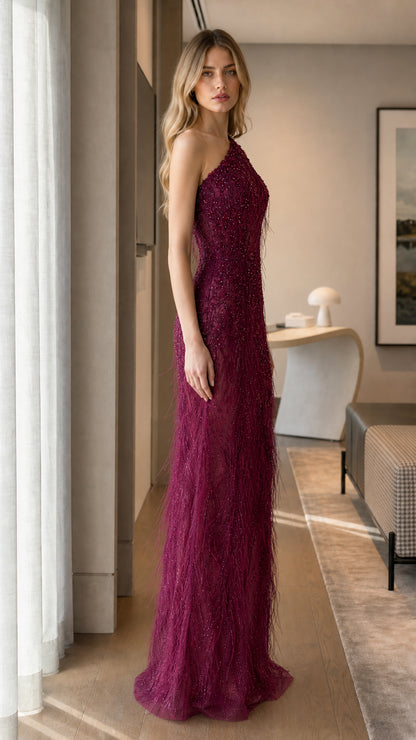 Burgundy One-Shoulder Beaded Formal Evening Dress Side View