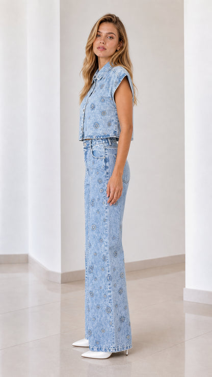 Side profile view of light blue denim matching set