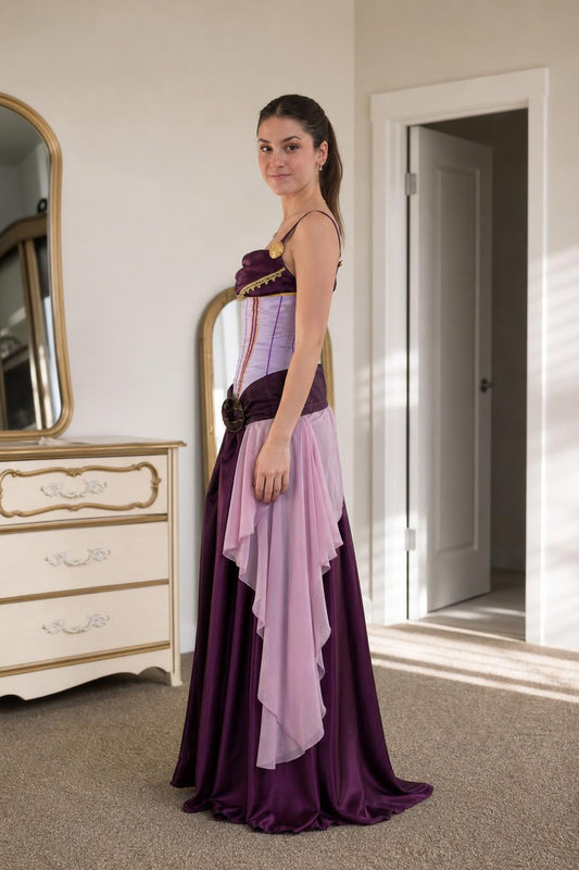 Renaissance medieval corset maxi dress in purple side view