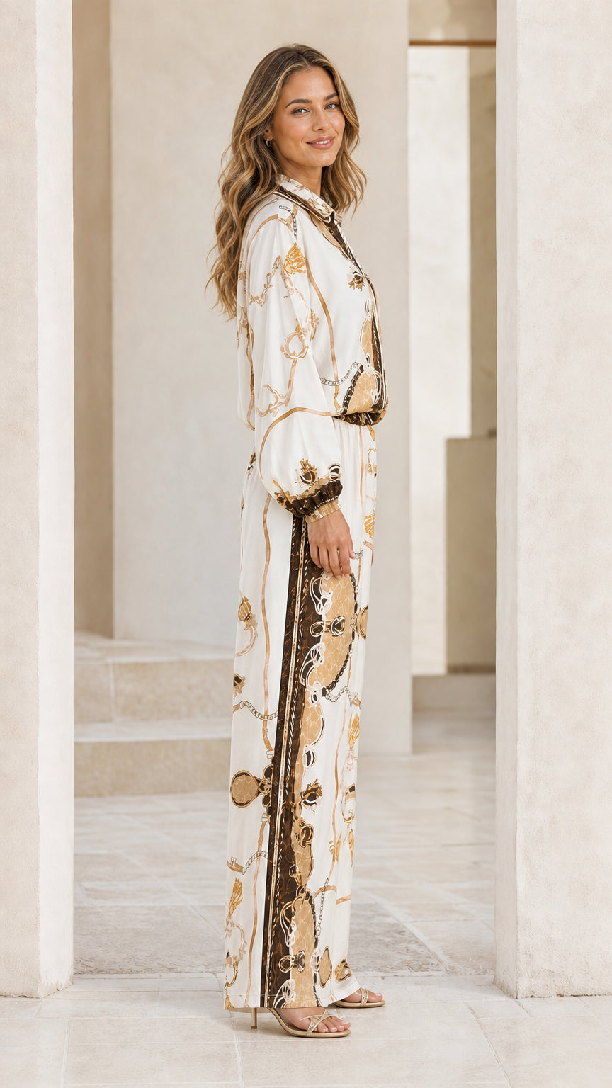 Side profile of model in white barocco print set