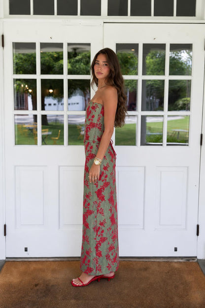Floral Print Strapless Lace-Up Back Maxi Dress in Sage Green side view
