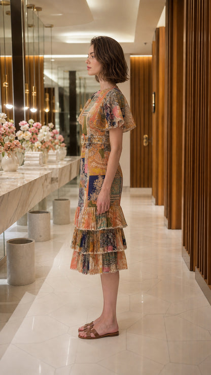 Side profile view of woman wearing multi yellow patchwork midi dress