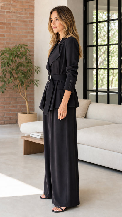 Side profile of woman in black matching blazer set