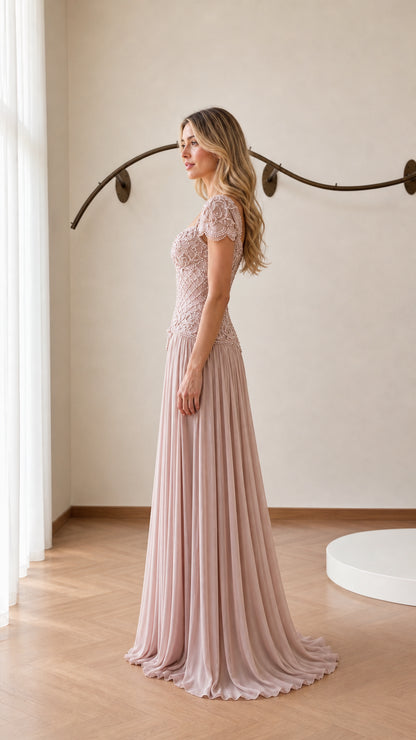 Side profile view of blush pink evening gown