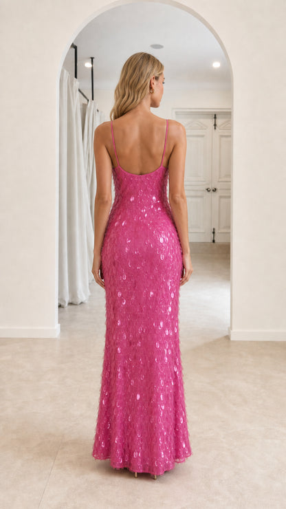 Back view of Hot Pink sequin maxi dress