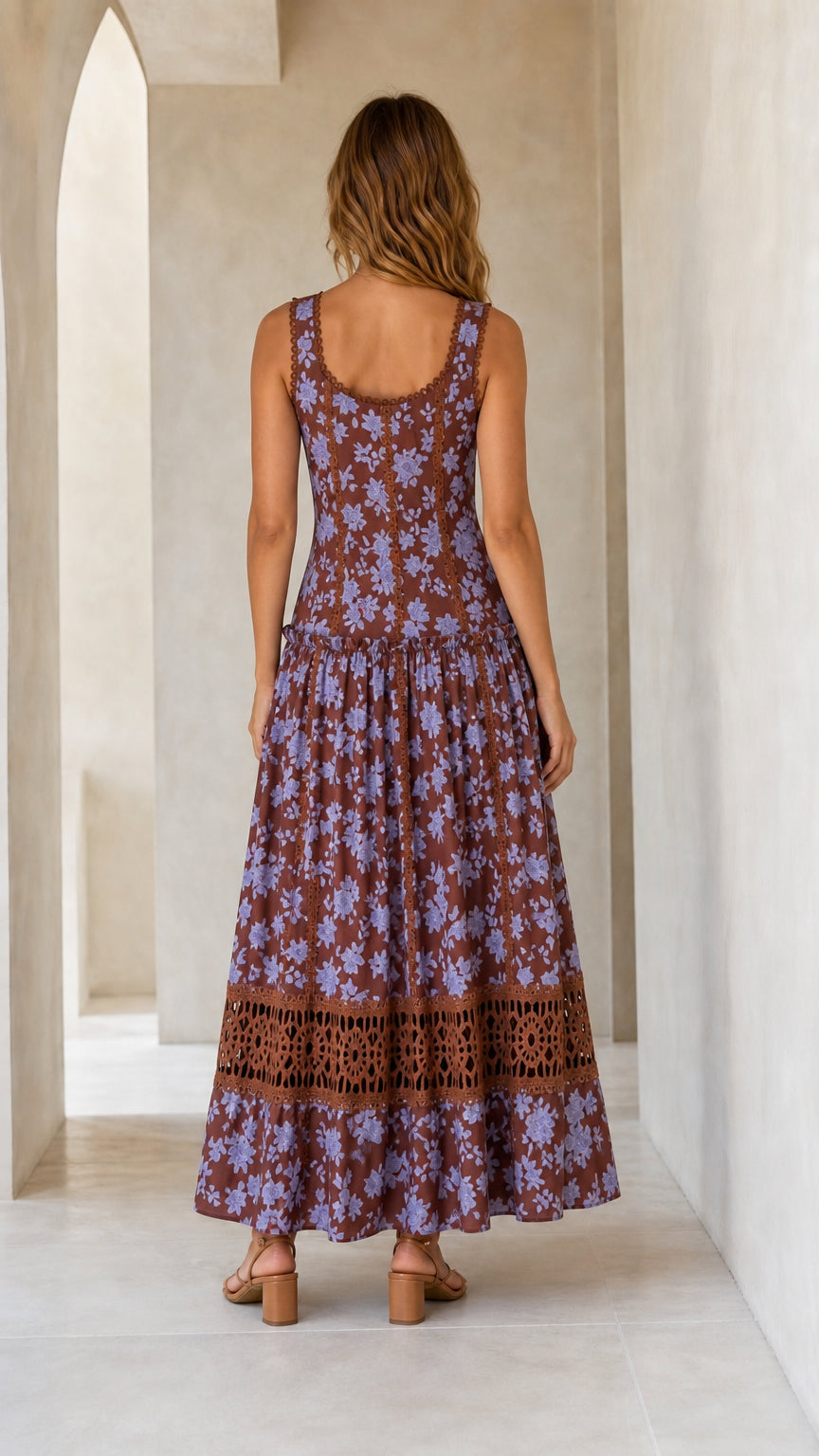 Back view of brown floral maxi dress