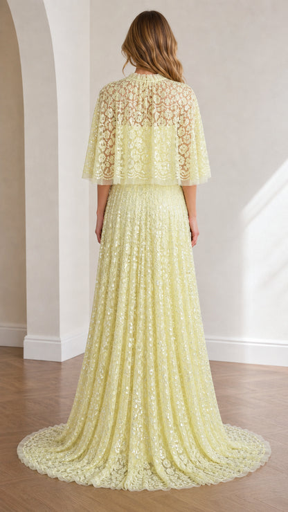 Back view of yellow evening gown with train