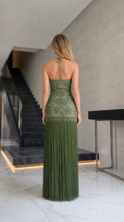 Elegance Halter Neck Lace and Fringe Maxi Dress in Olive back view