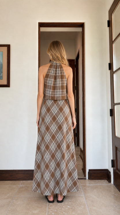 Back view of woman wearing brown plaid two piece set