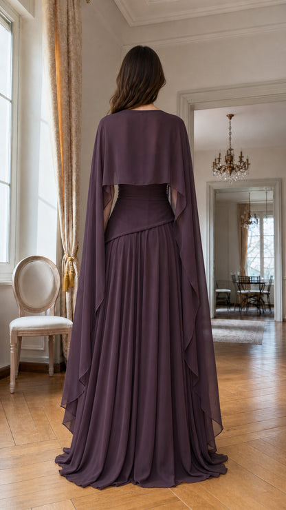 Back view of Plum formal gown showing flowing cape