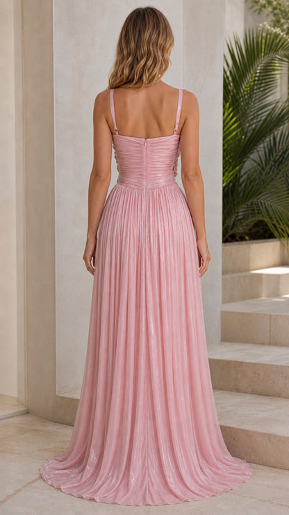 Pink maxi dress back view showing zipper and straps