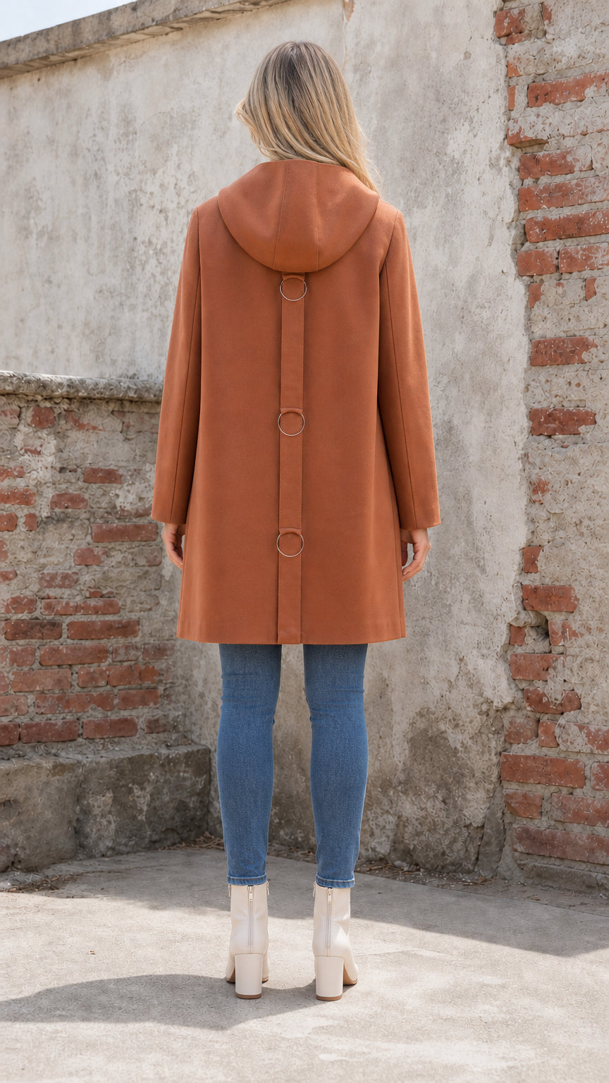 Back view showing back detail of rust hooded coat