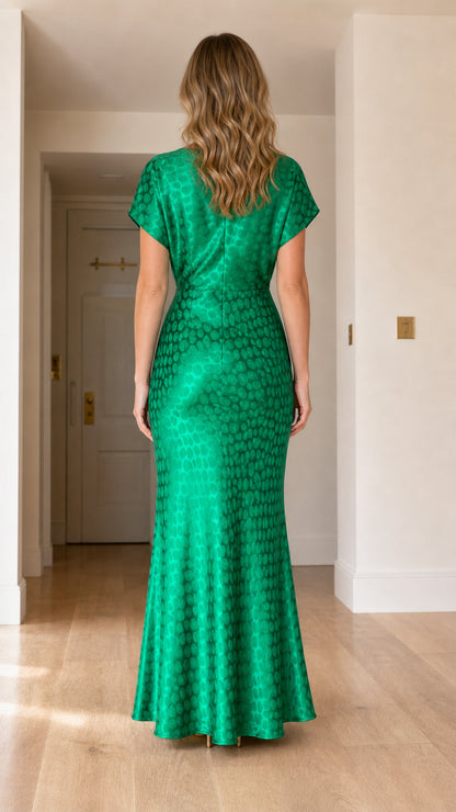 Back view of green formal evening gown