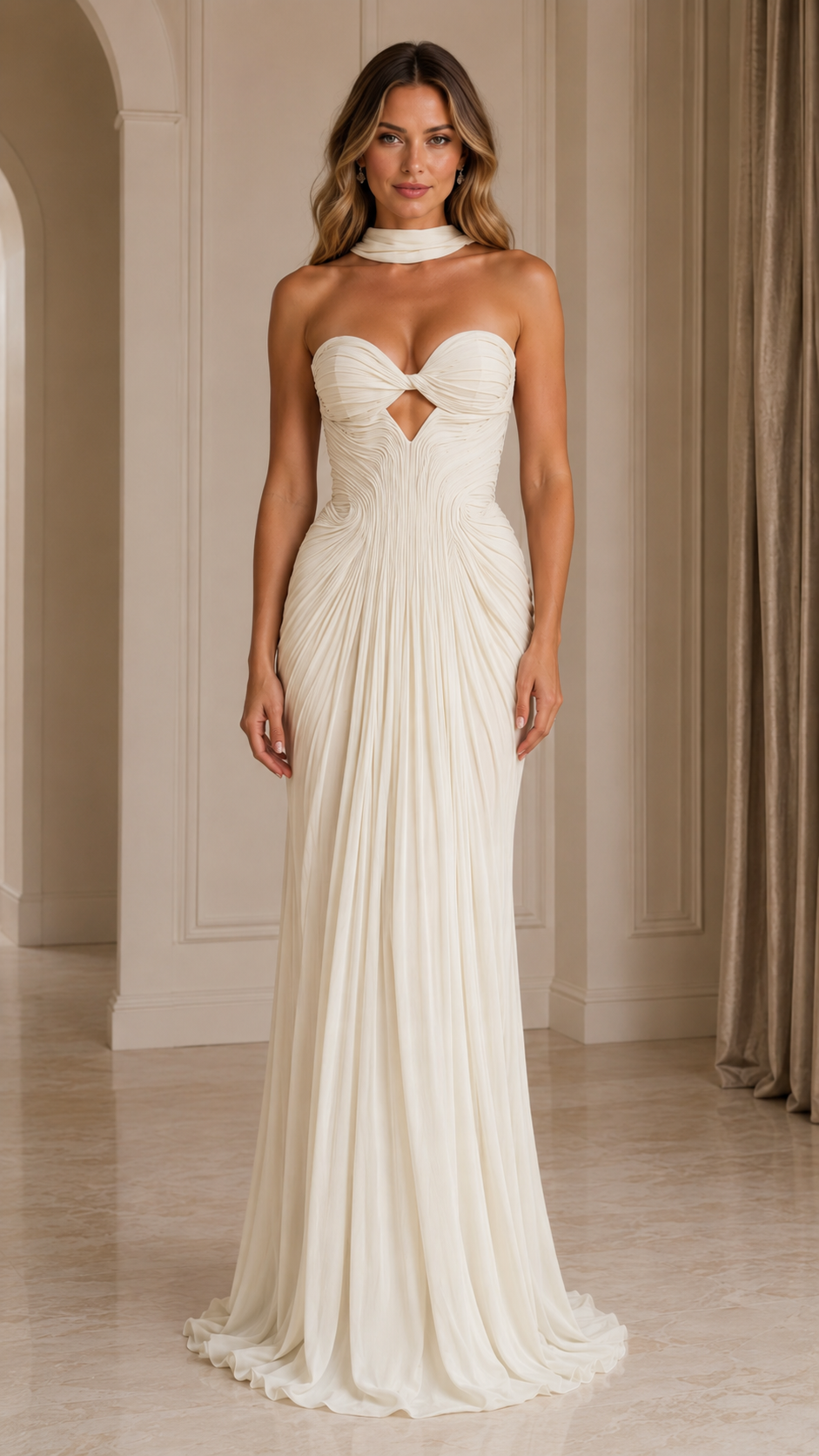 Ivory ruched strapless evening gown front view