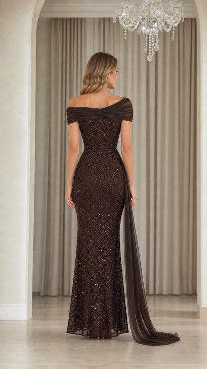 Back view of brown sequin evening dress