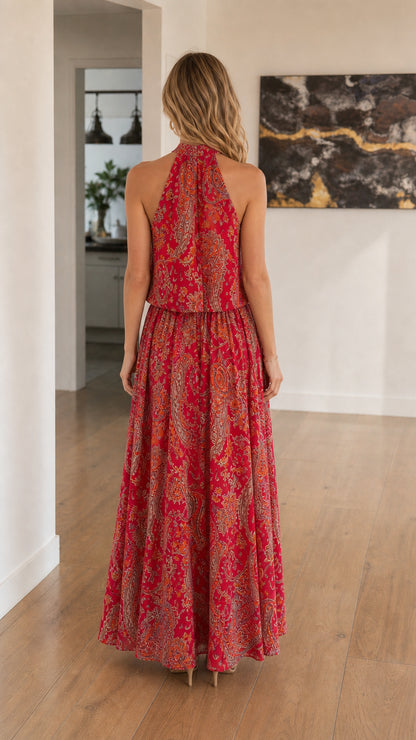 Back view of woman wearing Red Bohemian Paisley Halter Maxi Dress