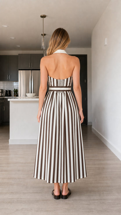 Back view of brown striped halter dress