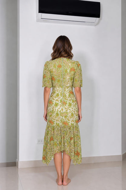 Back view of green floral lace midi dress