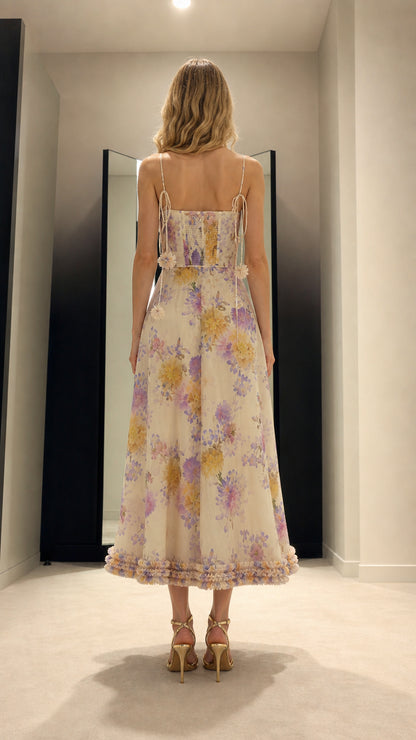 Back view of white floral midi dress showing strap details