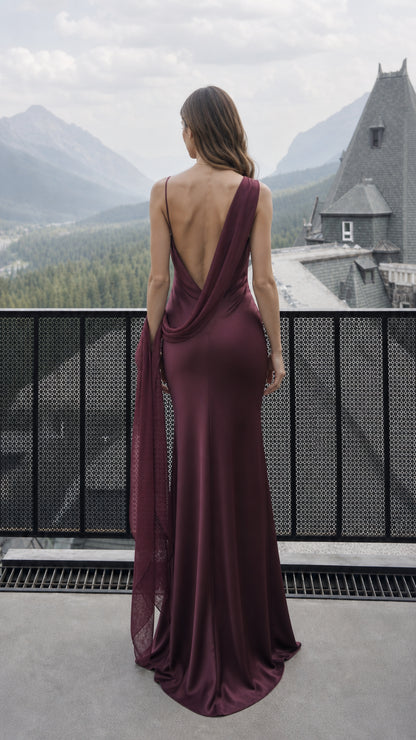 Back view showing low cowl back detail of burgundy evening dress