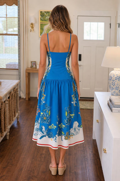 Floral Print Bustier Midi Dress in Blue back view