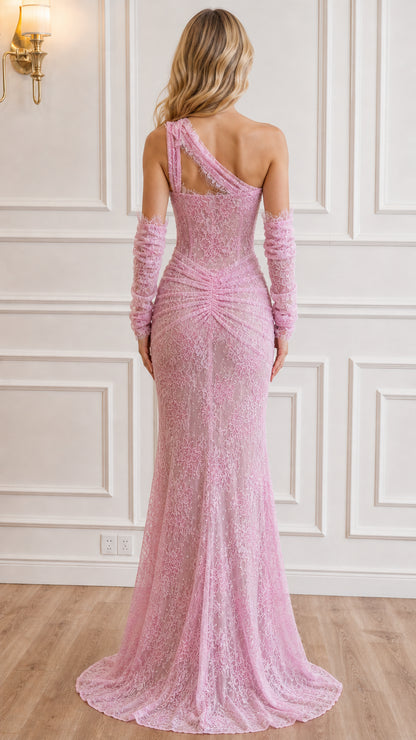 Back view of pink formal dress showing silhouette