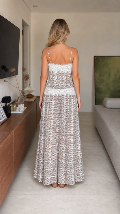 Back view of taupe geometric maxi dress