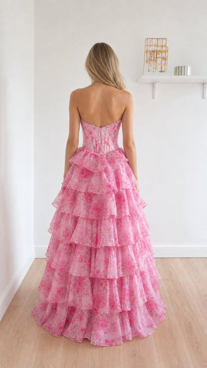 Back view of pink floral maxi dress