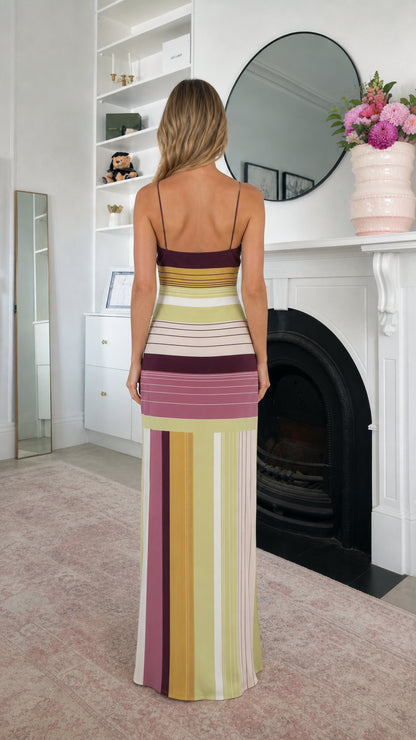 Back view of burgundy multi striped maxi dress