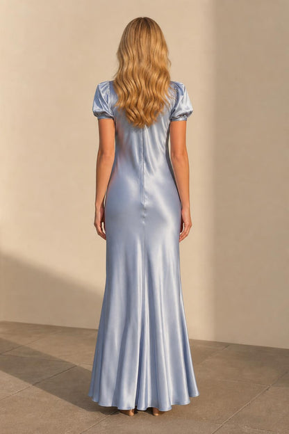 Back view of light blue satin maxi dress