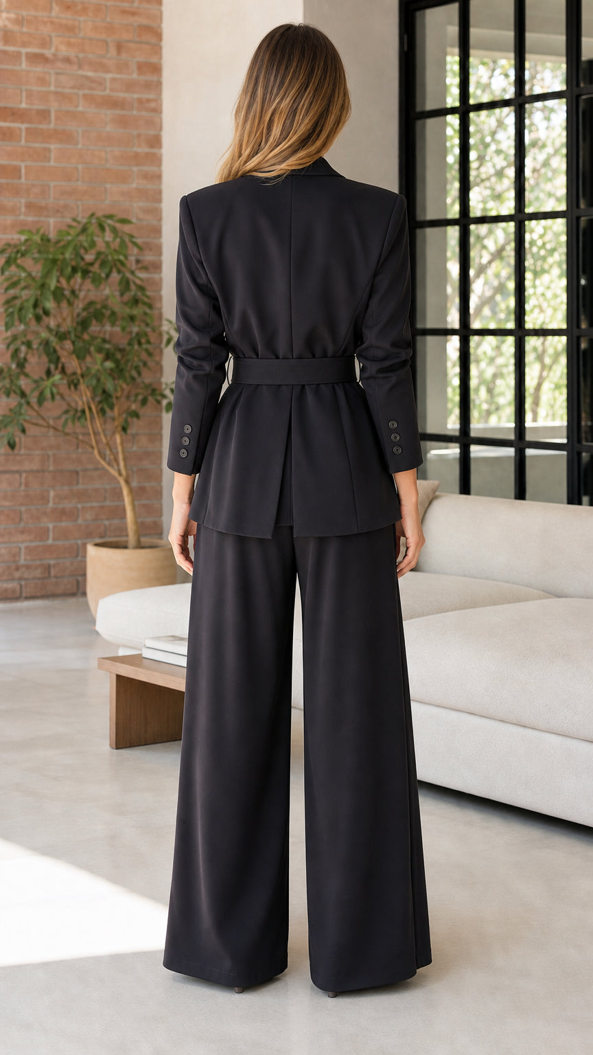 Back view of woman wearing black two-piece pants set