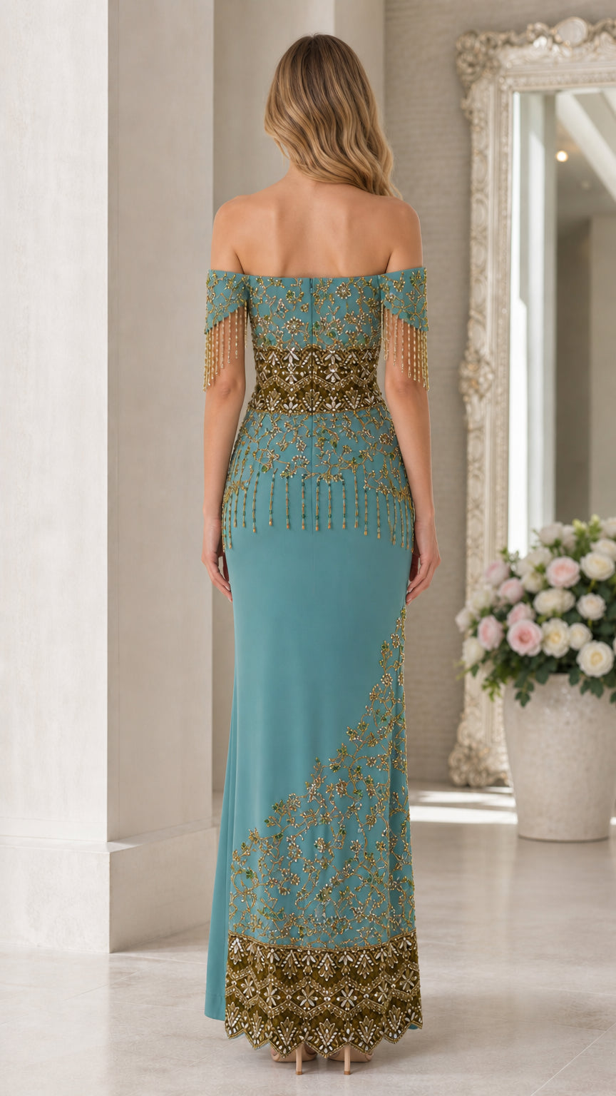 Back view of teal off-shoulder evening dress