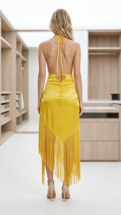 Back view of model showing open back and halter ties of yellow dress