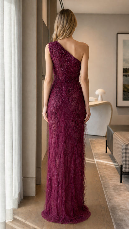 Burgundy One-Shoulder Beaded Formal Evening Dress Back View