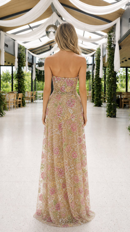 Back view of floor-length champagne formal dress