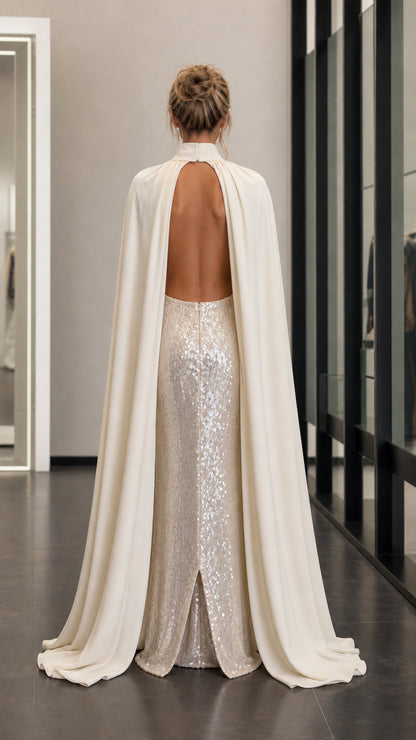 Back view showcasing flowing cape and open back detail