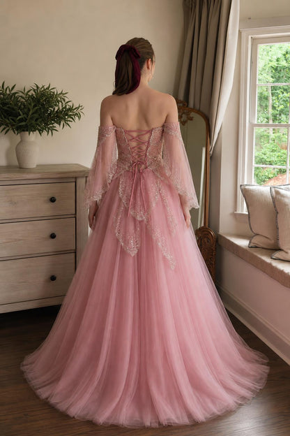 Pink ball gown back view highlighting lace-up corset