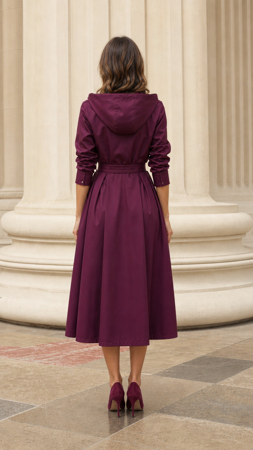 Back view of woman showing hood and pleated skirt of plum trench dress