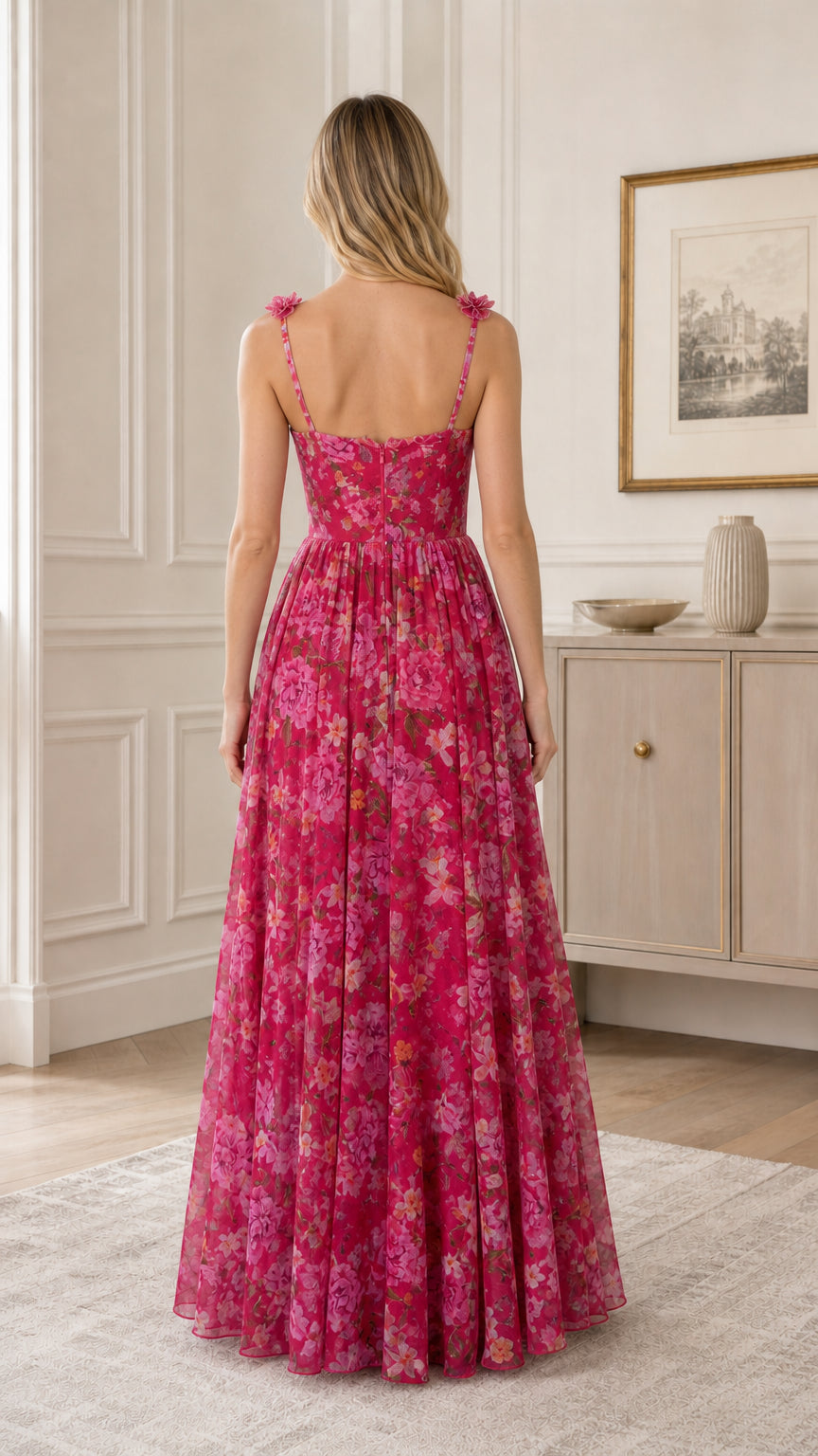 Floral Ruffle Applique Maxi Dress in Fuchsia back view