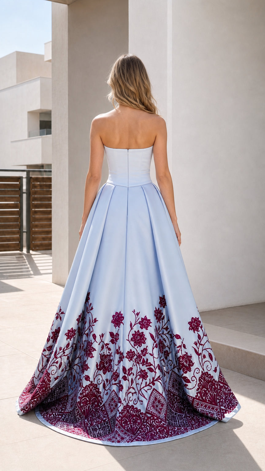 Powder blue floor-length gown shown from the back