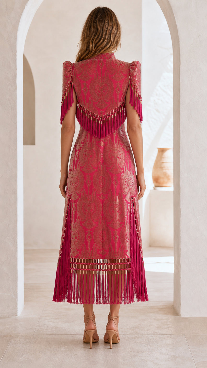 Elegance Fringe Embellished Damask Midi Dress in Hot Pink back view