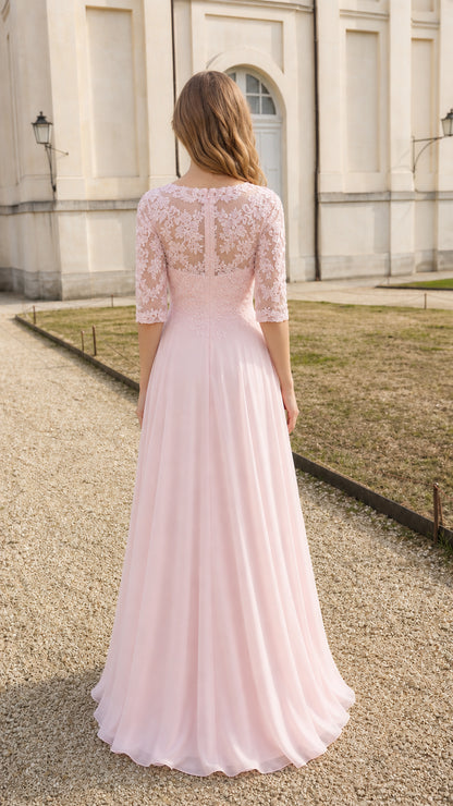 Back view of pink lace evening dress