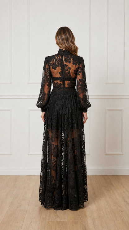 Back view of black floral lace evening gown