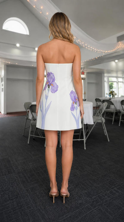 Back view of White floral strapless mini dress
