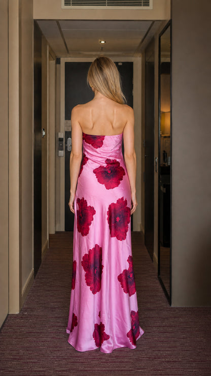 Back view of pink floral satin maxi dress