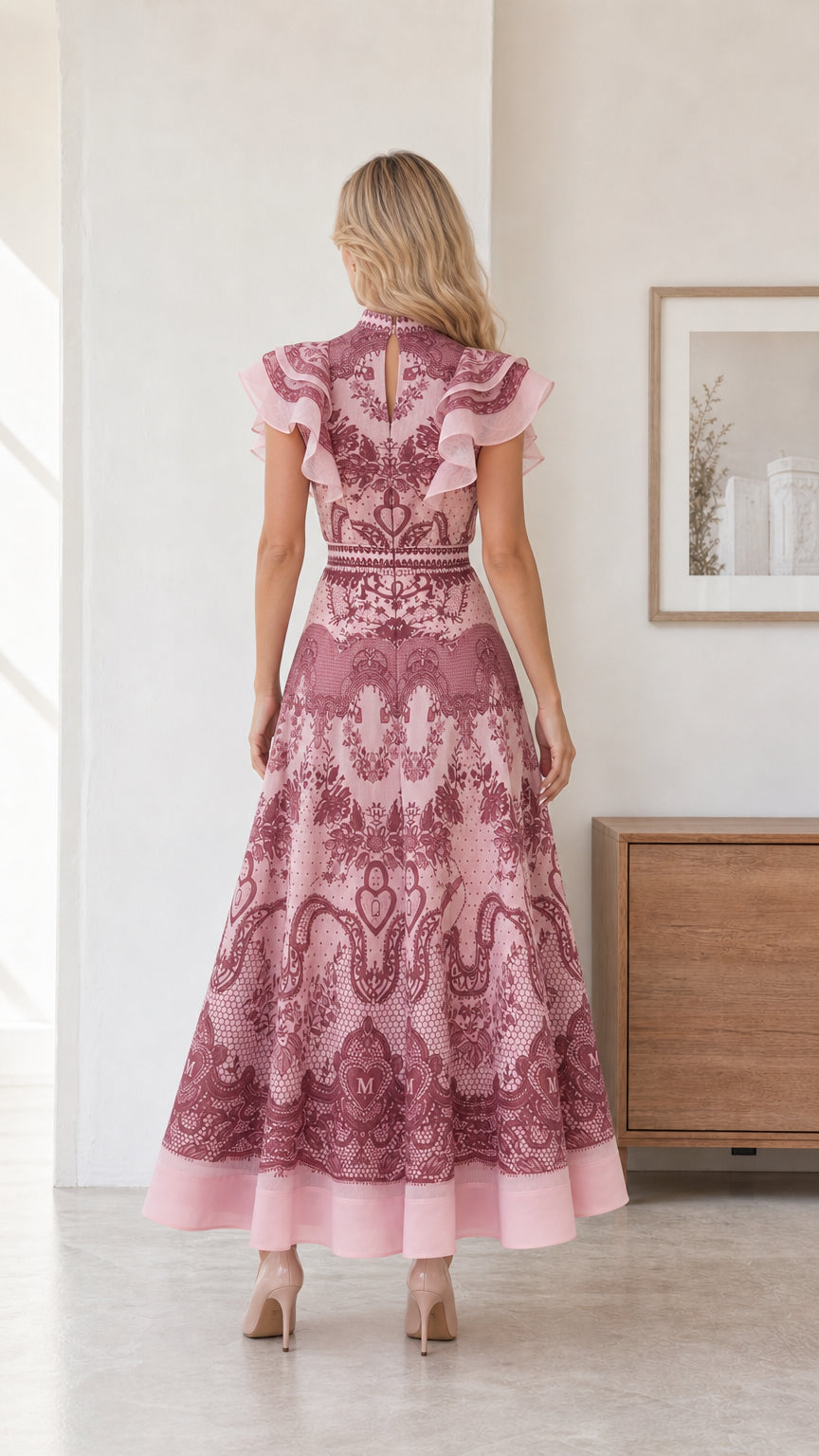 Back view of model showcasing detailed back bodice